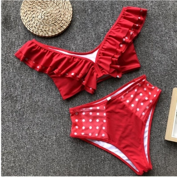 Boutique Red Ruffle High Waist Fashion Swim Suit - Picture 3 of 8